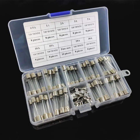 Garage Ready Fast Blow Glass Fuse Assortment Kit For Cars And Trucks 6X30MM Automotive Fuses 250V Rated with clips in storage case.