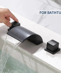 Roman Tub Faucet Matte Black Waterfall Filler, Widespread Deck Mount 2-Handle Bath Faucet For Quick Fill in action on bathtub.