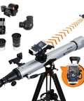 StarSense Explorer LT 80AZ App Enabled Telescope With Smartphone Dock and StarSense App components displayed