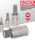 Close-up of S2 steel hex bit sockets from the 32 Piece Allen Hex Bit Socket Set With SAE And Metric Bits, showing durability features.