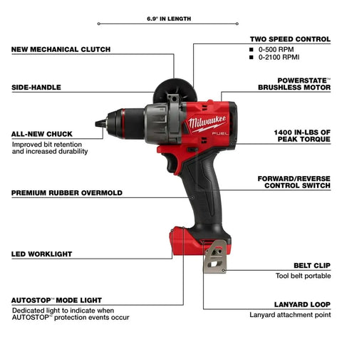 Knockout 1/2 Inch M18 Fuel Brushless Cordless Drill Driver with side handle, 1400 in-lb torque, compact design, and features.