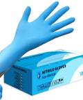 A hand wearing Heavy Duty Nitrile Disposable Gloves 4 Mil Thick, 100 Count, Latex Free and Powder Free, next to the glove box.