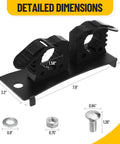 Heavy Duty Bed Rail Mount Brackets For Toyota Tacoma Truck Shovel Axe Tool Holder with dimensions marked on a black bracket.