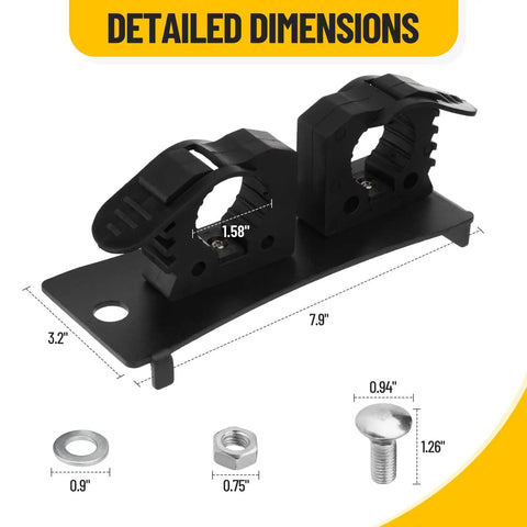 Heavy Duty Bed Rail Mount Brackets For Toyota Tacoma Truck Shovel Axe Tool Holder with dimensions marked on a black bracket.