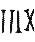 Five black oxide coated screws showing details of 210 Piece Six Gauge One And A Quarter Inch Drywall Screws Black Oxide Coated Carbon Steel With Coarse Threads Phillips Drive Bugle Head For Wood And Drywall Projects.