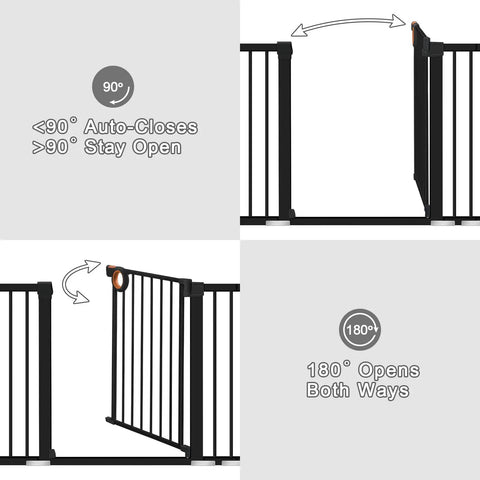 Extra Wide Baby Gate For Stairs And Doors 29.93 To 51.5 Inches With Auto Close Door Pressure Mount, diagram showing gate features.