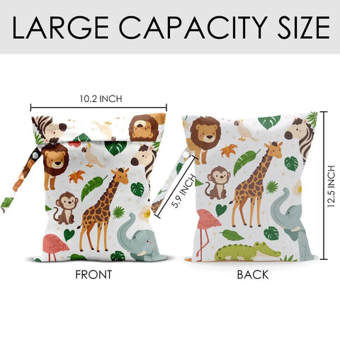Front and back view of Waterproof Wet Bag For Swimwear And Baby Cloth Diapers Travel Beach Pool Gear with animal design, 12.5x10 inches.