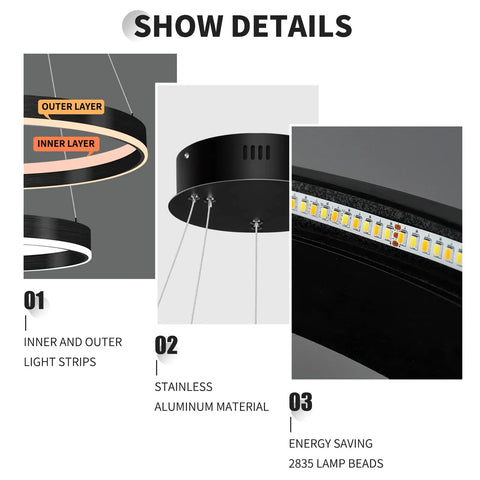 Two Ring Dimmable Black LED Chandelier With Remote Control details showing light strips, aluminum material, and lamp beads.