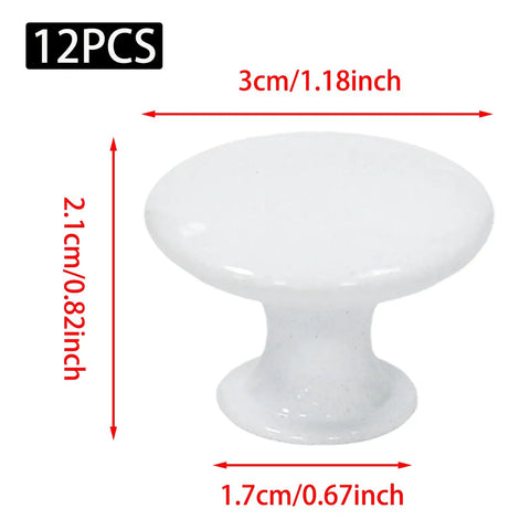 Antique White Round Cabinet Knobs With Screws Set Of 12 for dresser doors, 30mm top, sturdy iron construction shown with measurements.