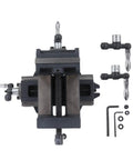 Heavy Duty 4 Inch Cross Slide Drill Press Vise Made From Industrial Grade Cast Steel With Precision 100 Mm Jaw Opening, front view with accessories.