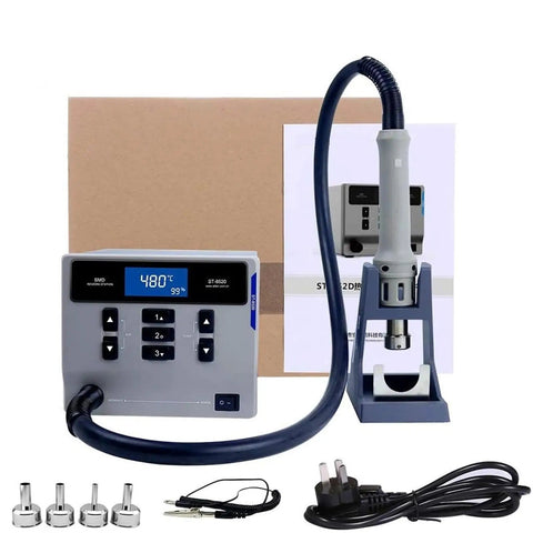 1000W Digital Display Hot Air Rework Station with Beefy Anti Static Control, auto sleep, and quick access keys, shown with accessories.