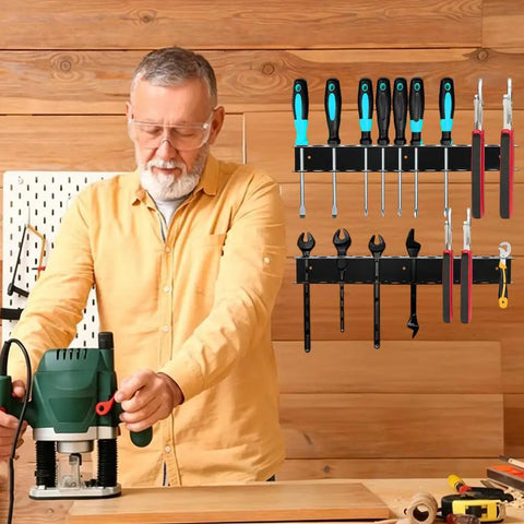 2 Pack Wall Mount Screwdriver Organizer And Heavy Duty Iron Tool Holder mounted on wood wall with tools