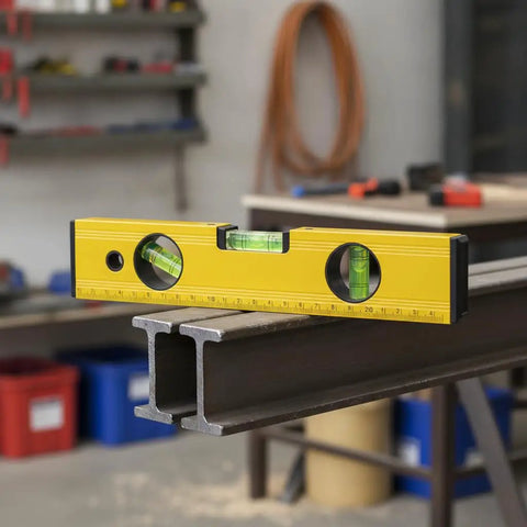 Spirit Level, Aluminum Alloy, 250mm positioned on steel beams, showcasing its bubble levels for precise alignment.