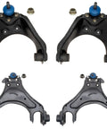 Premium Heavy Duty Front Lower And Upper Suspension Control Arm Set With Ball Joints For Gmc Chevy Pickup Trucks, black steel parts.