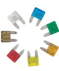 Car Mini Blade ATM Fuse Set 140 Piece Assortment With Color Coded 5A 7.5A 10A 15A 20A 25A 30A Fuses in a circular layout