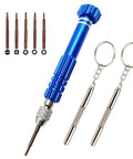 Five In One Pocket Precision Screwdriver Set for Glasses and Electronics with swivel head, non-slip grip, keychain, and bits displayed