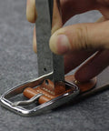 Copper Rivet Setter Tool 2 In 1 For Leatherworking Stainless Steel Burr Setter in use on leather belt