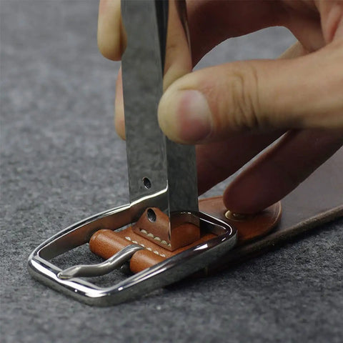 Copper Rivet Setter Tool 2 In 1 For Leatherworking Stainless Steel Burr Setter in use on leather belt