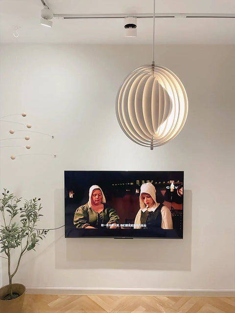Dope 360 Degree Adjustable Moon Pendant Light with Rotating Sphere Shade in modern living area, semi embedded E26 base, white finish.