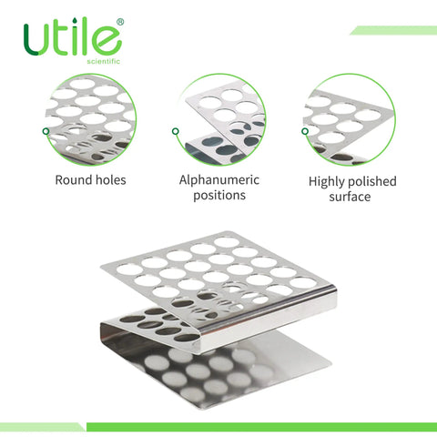 Two Pack 25 Hole Stainless Steel Test Tube Rack Z Shape for Tubes Up To 16mm Diameter with polished finish and wide base