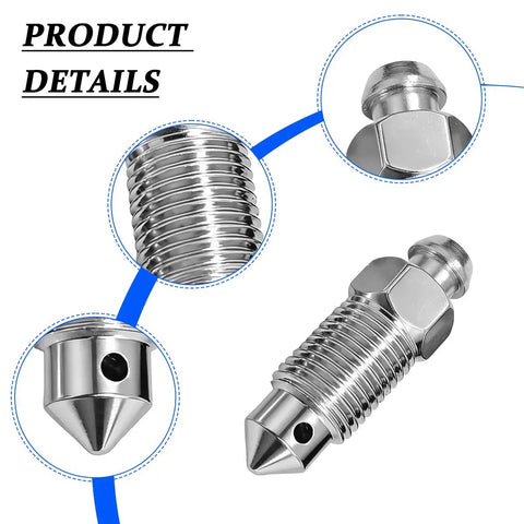Solid M10 Car Brake Bleeder Screw Replacement Kit With Two Grease Fitting Caps Made From Heavy Duty White Zinc Coated Carbon Steel close-up of screws