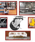 12 Pack 2-Inch Swivel Casters With Brakes For Cart Or Equipment, hard rubber wheels, setup views in various settings.