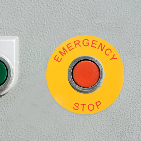 Emergency Stop Sign Stickers For Industrial Machinery 2.44 Inch Self Adhesive Labels 8 Pack in action on machinery panel