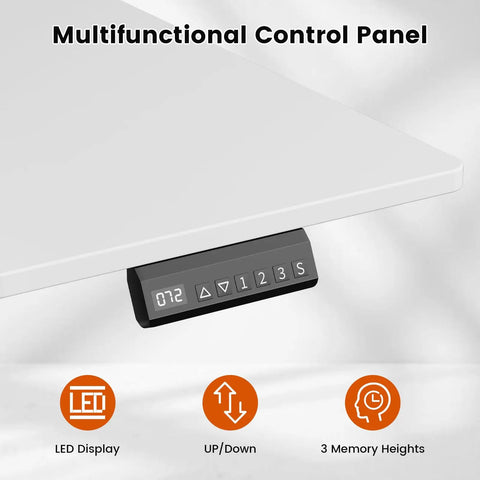 This 55 inch white electric standing desk features smooth height adjustment and handy drawers for sleek office storage control panel.