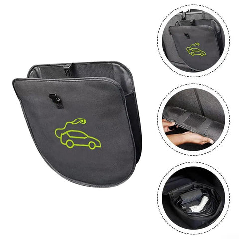 Keep Your Setup Tight With This Roll Out Ready EV Cable Tote in black, showing storage for charging cords and clips for secure attachment.