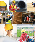 Collage of safety gear use in various activities including construction, sports, and engineering, highlighting protection and versatility.