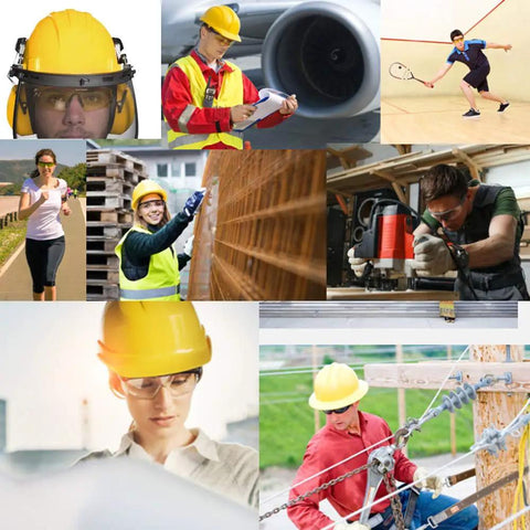 Collage of safety gear use in various activities including construction, sports, and engineering, highlighting protection and versatility.