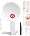 30X Magnifying Makeup Mirror With Light showing double-sided design, USB-C cable, and tweezers for precision tasks