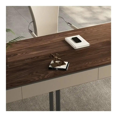Next Level Standing Desk With Legit Storage Drawers And Rock Solid Steel Frame showing walnut surface with office items.