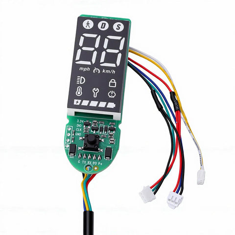 MI4 Electric Scooter Dashboard Replacement PCB Display Module with screen showing functionality and wires for DIY repair