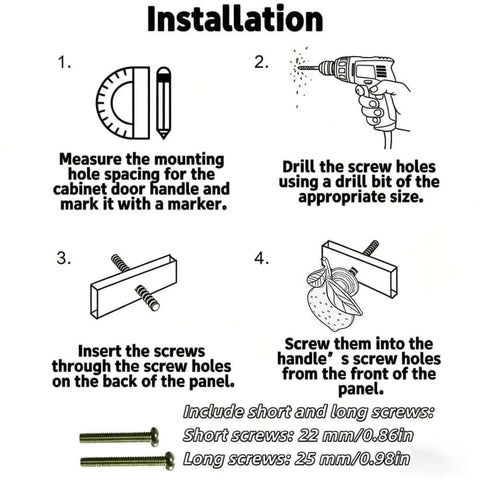 Installation guide for Gotta Grab These Sick Solid Zinc Lemon Drawer Knobs with screw measurements and steps.