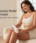 Woman using white Three In One Body Sculpting Machine With Vacuum Massage And Red Light Therapy To Tackle Cellulite on leg