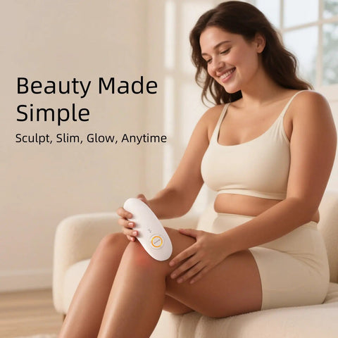 Woman using white Three In One Body Sculpting Machine With Vacuum Massage And Red Light Therapy To Tackle Cellulite on leg
