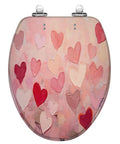 Fun Elongated Toilet Seat Resin for Bathroom Use with colorful heart design, measuring 18.5 inches long and 14.5 inches wide.