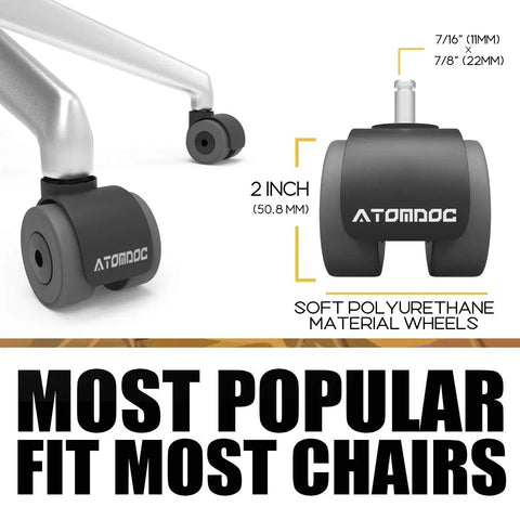 Ace Heavy Duty Office Chair Caster Wheels With Smooth Rolling Quadruple Ball Bearings And Floor Safe Hardwood Glide Easy No Sweat Quick Swap Universal Fit Set Of Five close-up showing 2-inch soft polyurethane wheels.