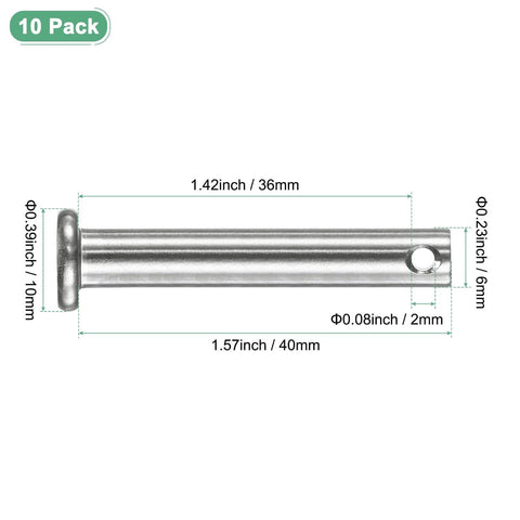 10 Pack Single Hole Clevis Pins M6 X 40mm 304 Stainless Steel Flat Head, shown with dimensions, for Mechanical Linkage Fixed Parts.