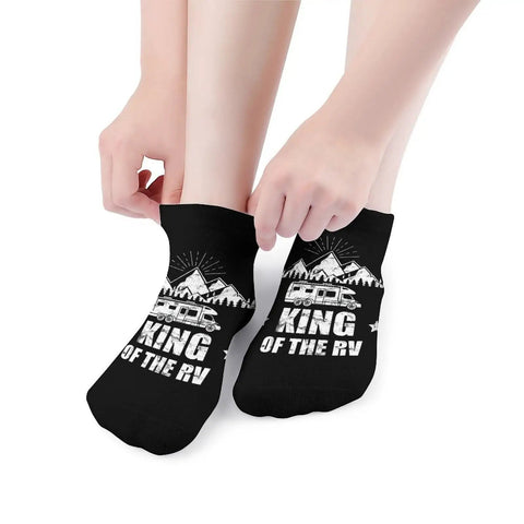 "Black ankle socks with 'King of the RV' design, part of 5 Pairs Ankle Socks For Running, Gym And RV Camping - Moisture-Wicking, Quick-Dry Athletic Socks"