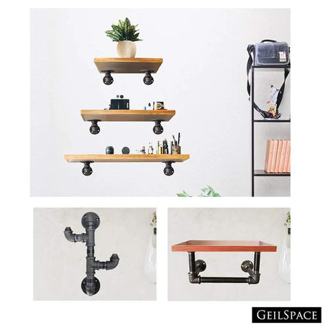3 Way Malleable Iron Pipe Fittings For 3/4 Inch Pipes Vintage Industrial Shelving Decor For Your Diy Furniture Projects Rustic Grey Finish Durable Home Workshop Hardware shown in shelving and table support applications