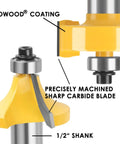 Close-up of router bit with KOWOOD coating, sharp carbide blade, and 1/2" shank from Thirty Five Piece Router Bit Set With One Half Inch Shank Tungsten Carbide Bits In Aluminum Storage Case T Shape Wood Milling Cutters For Clean Edges Grooves And Trim Budget Friendly Go To Starter Kit For Home Woodworking Projects.