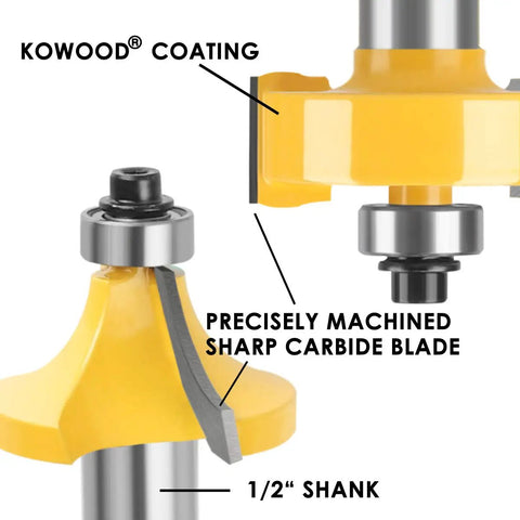 Close-up of router bit with KOWOOD coating, sharp carbide blade, and 1/2" shank from Thirty Five Piece Router Bit Set With One Half Inch Shank Tungsten Carbide Bits In Aluminum Storage Case T Shape Wood Milling Cutters For Clean Edges Grooves And Trim Budget Friendly Go To Starter Kit For Home Woodworking Projects.