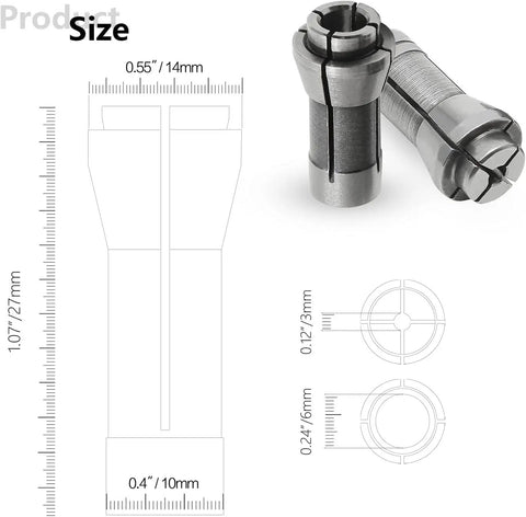 Four Pack Die Grinder Collet Set For One Quarter And One Eighth Inch Bits, steel 3mm and 6mm collets, size diagram included.