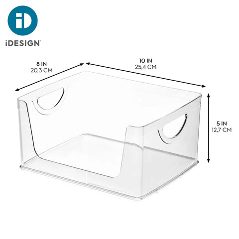 Stackable Open Front Kitchen Storage Bin With Handles Clear Plastic Organizer For Pantry Cabinets And Drawers See Through Design For Quick Access Durable Made In USA Storage Solution, dimensions 10x8x5 inches