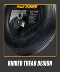 Never Flat 8 Inch Wheelbarrow Tire With Ribbed Tread, Solid Polyurethane Wheel, close-up view highlighting ribbed tread design.
