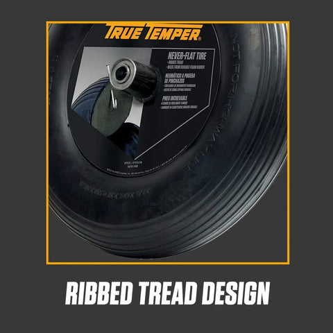 Never Flat 8 Inch Wheelbarrow Tire With Ribbed Tread, Solid Polyurethane Wheel, close-up view highlighting ribbed tread design.