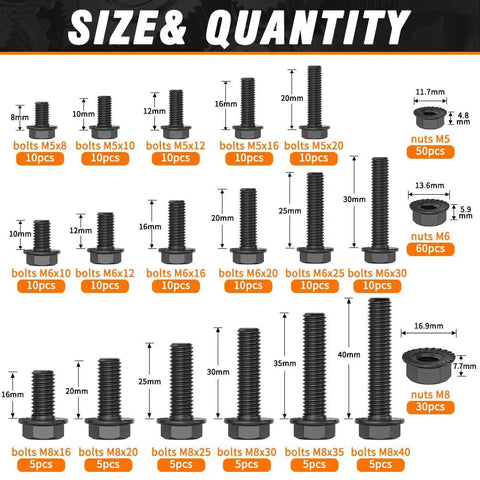 280 Piece M5 M6 M8 Flanged Hex Bolts And Flange Nuts Assortment Grade 10 9 sizes and quantities detailed for automotive repair.