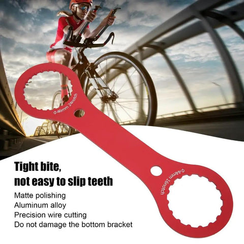Durable Aluminum BB Wrench Tool For 44mm And 46mm Bottom Brackets With 16 Notch And 24 Notch visible with cyclist background
